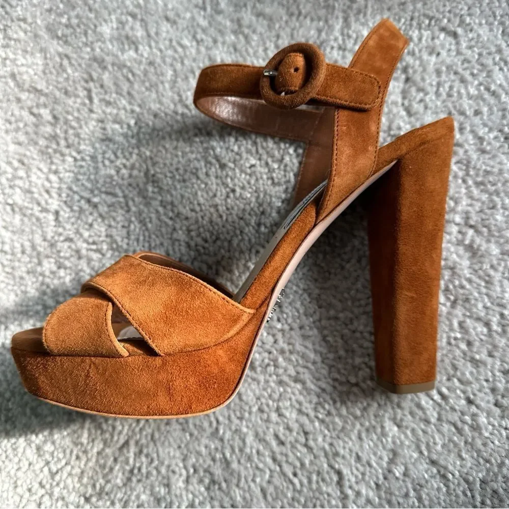 100% AUTHENTIC PRADA WOMENS CAMOSCIO SUEDE PLATFORM HEELED SANDALS SZ 5.5